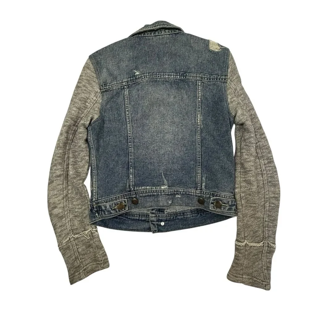 Free People Distressed Knit Denim Jean Jacket Women XS Blue Grey NO HOOD - Picture 3 of 12